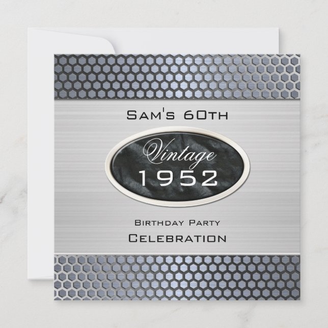 Mans Vintage 60th Silver Metal Look Birthday Invitation (Front)