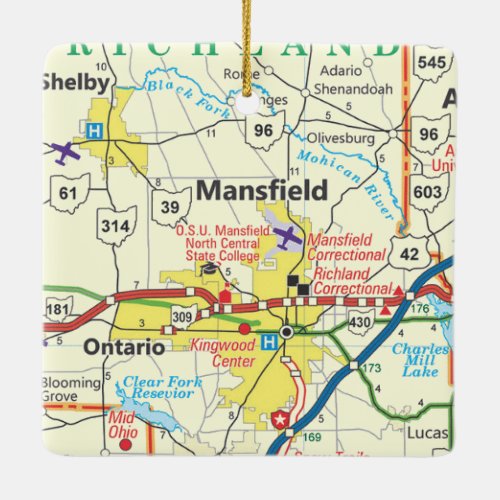 Mansfield Ohio Vintage Map Ceramic Ornament