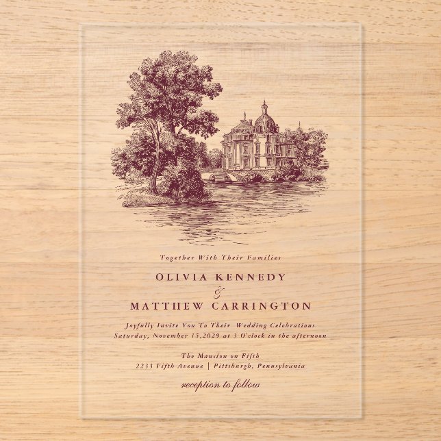 Mansion Venue Old Money Aesthetic Burgund Wedding  Acrylic Invitations (Front)