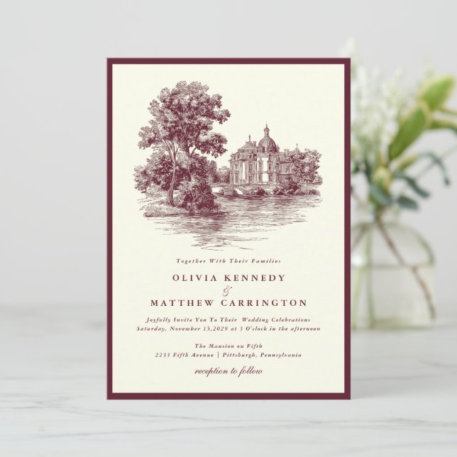 Mansion Venue Old Money Aesthetic Burgund Wedding  Invitation (Standing Front)