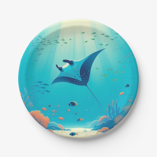 Manta ray coastal art paper plates (Front)