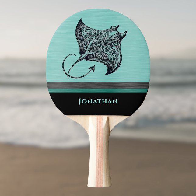 Manta Ray on Teal Faux Brushed Metal Monogrammed Ping Pong Paddle (Creator Uploaded)