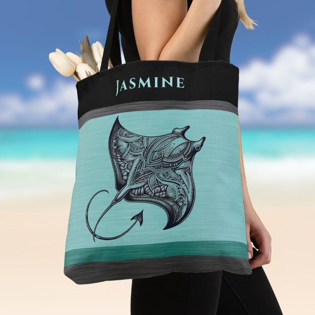 Manta Ray on Teal Faux Brushed Metal Monogrammed Tote Bag (Creator Uploaded)