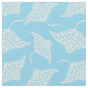 Manta Ray Pattern Tribal Tattoo Style Blue White Fabric