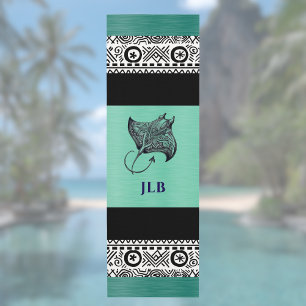 Manta Ray Polynesian Pattern Teal Green Monogram  Yoga Mat