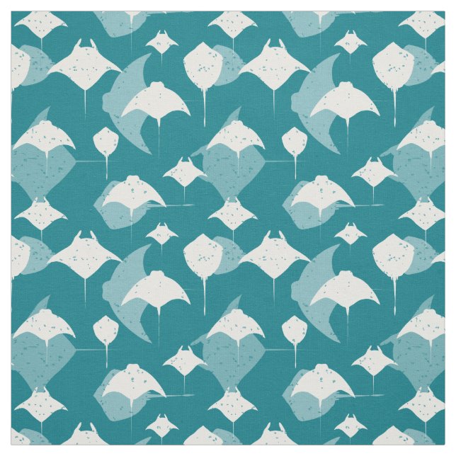 Manta Rays and Stingrays Teal Blue and White Fabric (Swatch)