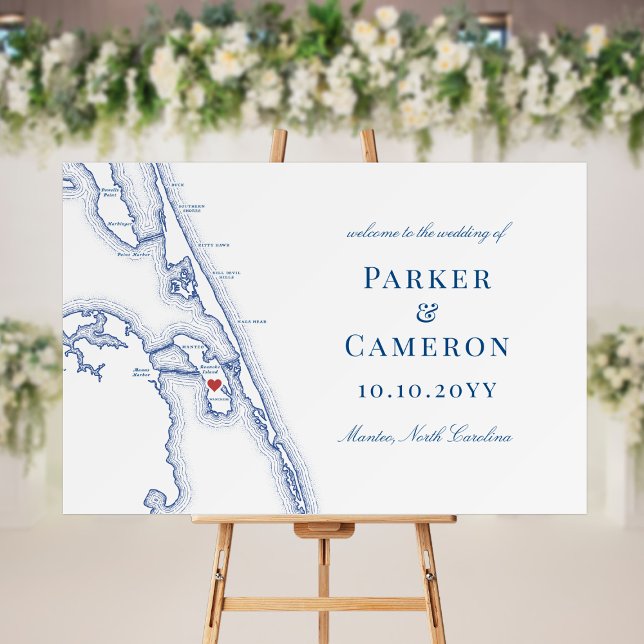 Manteo NC OBX Map Wedding Welcome Sign (Manteo NC Wedding Welcome Sign with elegant navy blue Outer Banks OBX map by Coastal Map Designs
)