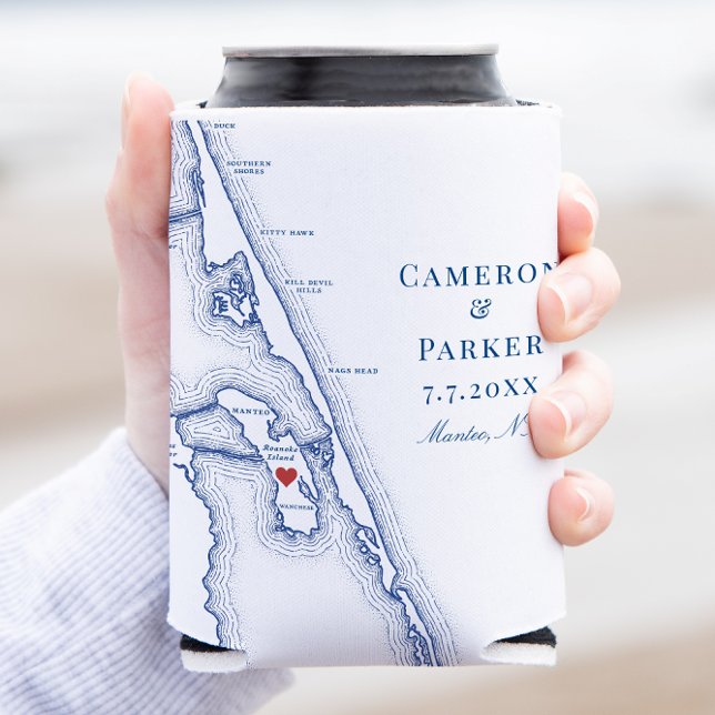 Manteo NC Outer Banks Map Elegant Wedding Favor Can Cooler (Manteo North Carolina Wedding Favor Can Coozie with elegant navy blue Outer Banks OBX map)