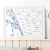 Manteo NC Wedding Map Navy Blue Guest Book Poster