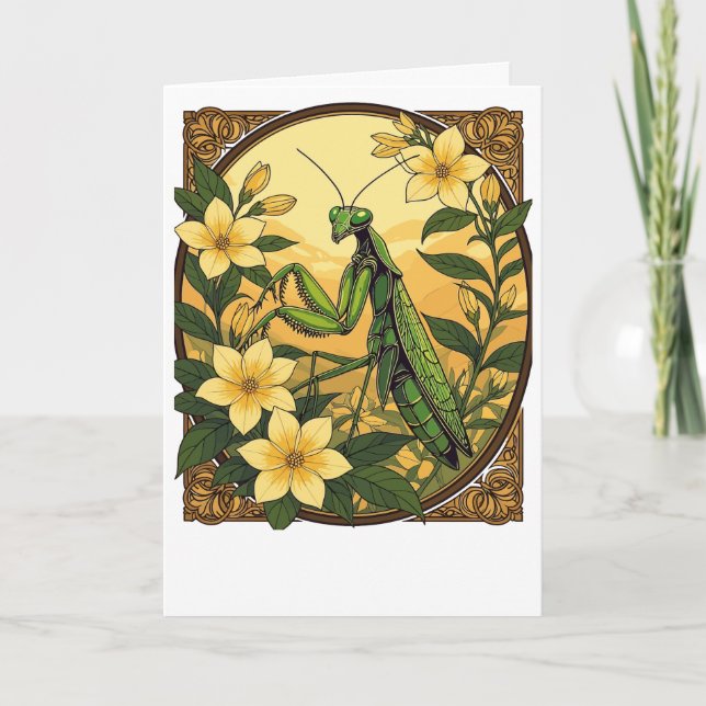 Mantis And Yellow Jasmine Flowers Holiday Card (Front)