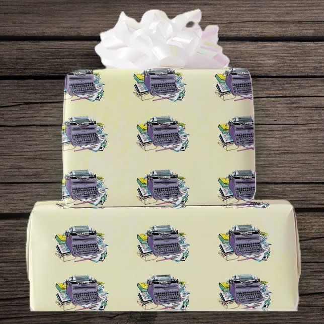 Manual Mid Century Purple typewriter Books Paper (Mid century manual purple typewrter with writer tools of books paper pens on yellow gift wrap paper.)