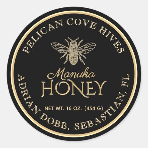 Manuka Honey Black Dark Gold Vintage Bee  Classic Round Sticker