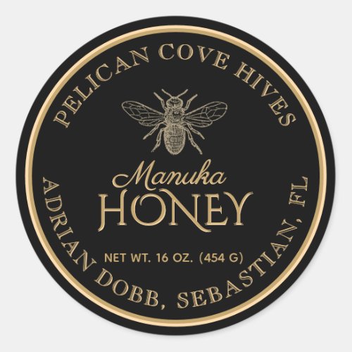 Manuka Honey Black Dark Gold Vintage Bee  Classic Round Sticker