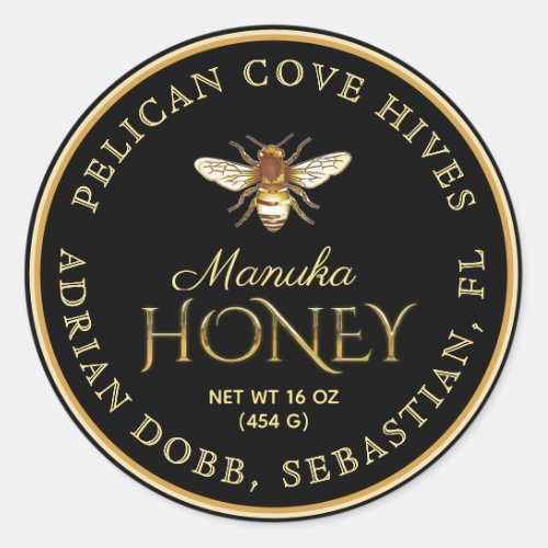 Manuka Honey Black Metallic Gold Vintage Bee Classic Round Sticker