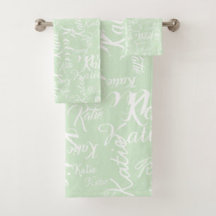 Manuscript Names Printed All Over Pale Sage Green Bath Towel Set
