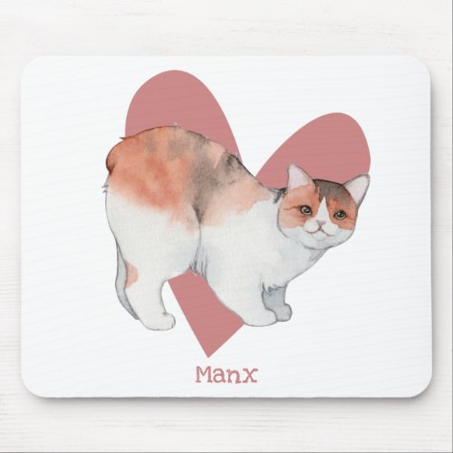 Manx Cat Watercolor Kitty Pink Heart Mouse Pad