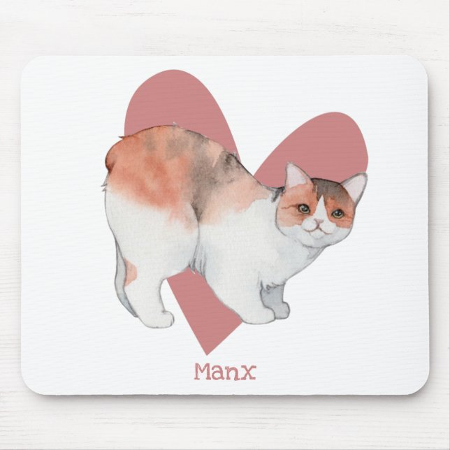 Manx Cat Watercolor Kitty Pink Heart Mouse Pad (Front)