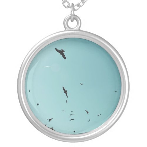 Many birds and a contrail silver plated necklace