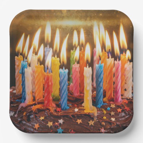 Many Birthday Candles on a Chocolate Cake Paper Plates
