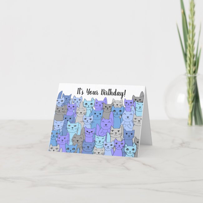 Many Blue and Purple Cats Birthday Card