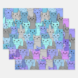 Many Blue and Purple Cats Design Wrapping Paper Sheets