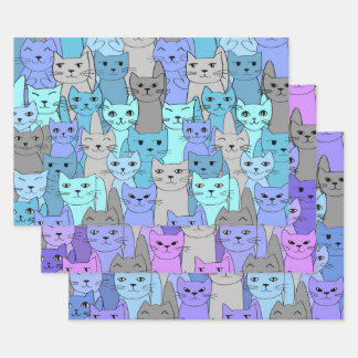 Many Blue and Purple Cats Design Wrapping Paper Sheets