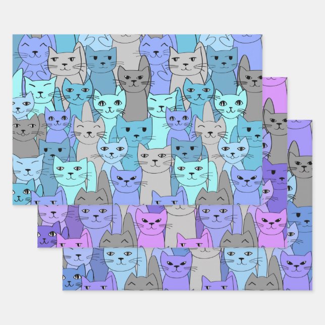 Many Blue and Purple Cats Design Wrapping Paper Sheets (Set)