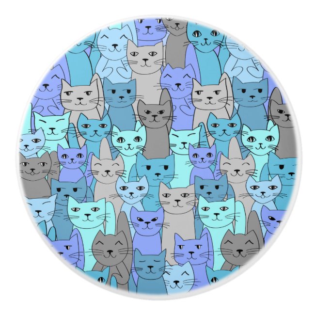 Many Blue Cats Design Ceramic Knob or Pull