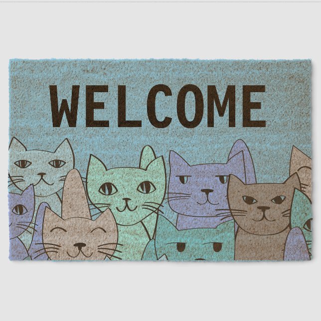 Many Blue Cats Design Coir Door Mat (Front)