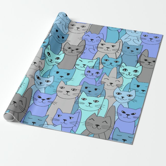Many Blue Cats Design Wrapping Paper Roll
