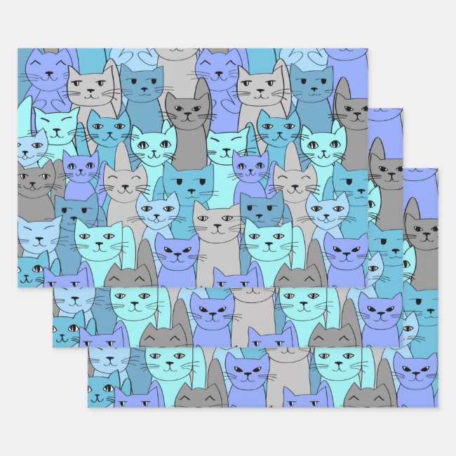 Many Blue Cats Design Wrapping Paper Set