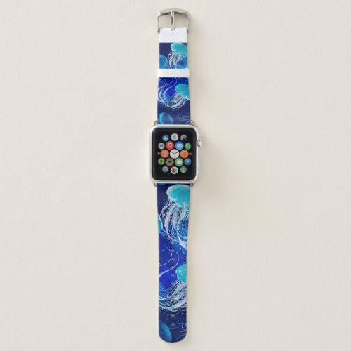 Many blue jellyfishes swimming underwater Seamles Apple Watch Band