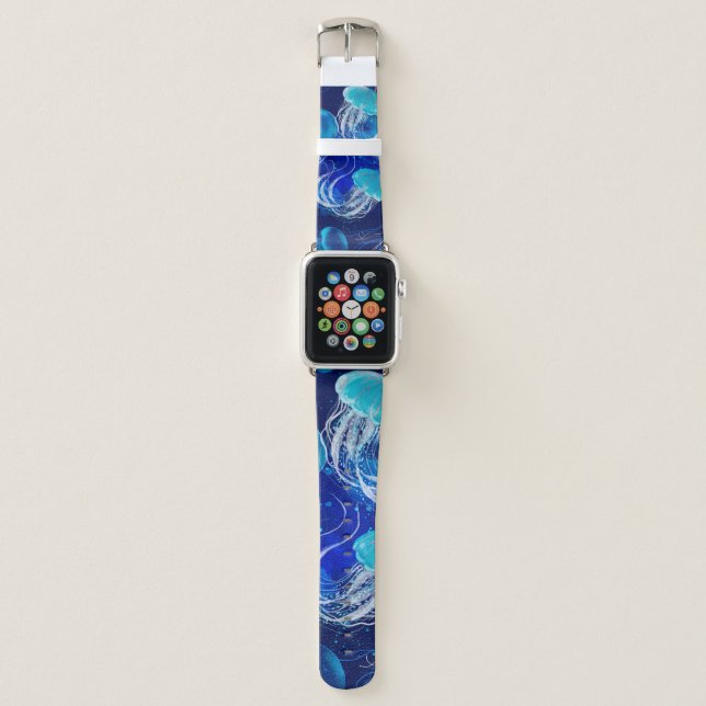 Many blue jellyfishes swimming underwater. Seamles Apple Watch Band (Front)