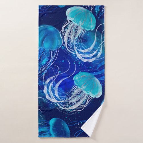 Many blue jellyfishes swimming underwater Seamles Bath Towel