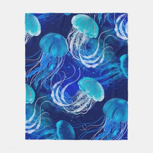 Many blue jellyfishes swimming underwater Seamles Fleece Blanket