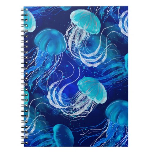 Many blue jellyfishes swimming underwater Seamles Notebook