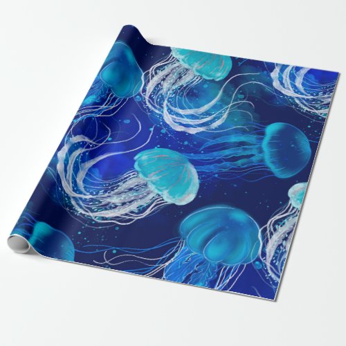 Many blue jellyfishes swimming underwater Seamles Wrapping Paper