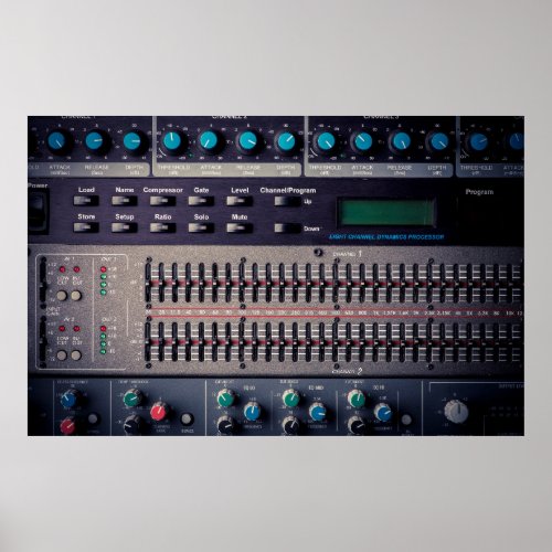 Many buttons on a sound mixer in a recording studi poster