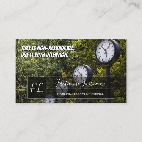 Many clocks motivational gray rectangle monogram business card