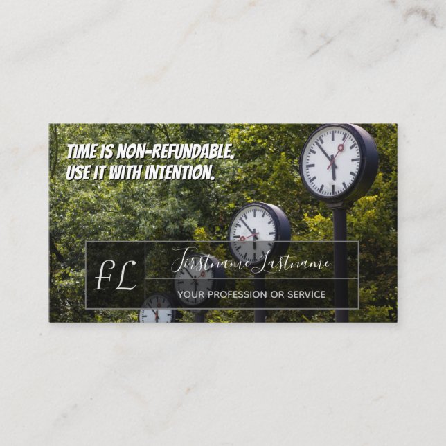 Many clocks motivational gray rectangle monogram business card (Front)