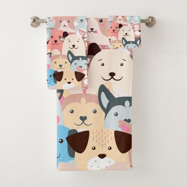 Many Colorful Dogs Design Bath Towel Set (Insitu)