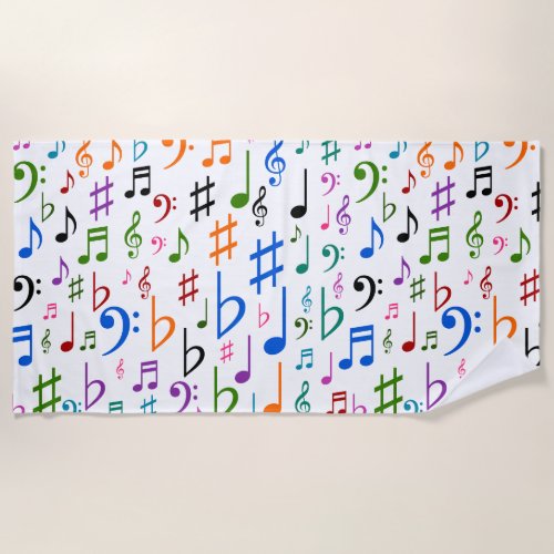 Many Colorful Music Notes and Symbols Beach Towel