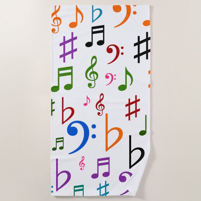 Many Colorful Music Notes and Symbols Beach Towel (Front)