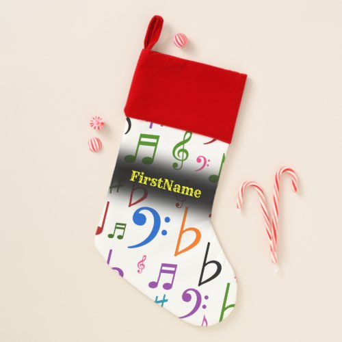 Many Colorful Music Notes and Symbols Custom Name Christmas Stocking