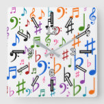 [ Thumbnail: Many Colorful Music Notes and Symbols Square Clock ]