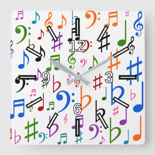 Many Colorful Music Notes and Symbols Square Clock