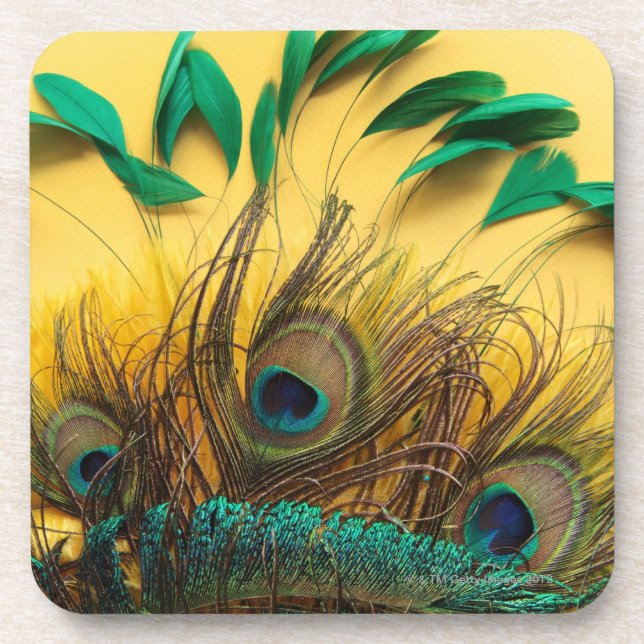 Many different kinds of feathers on a yellow beverage coaster (Front)