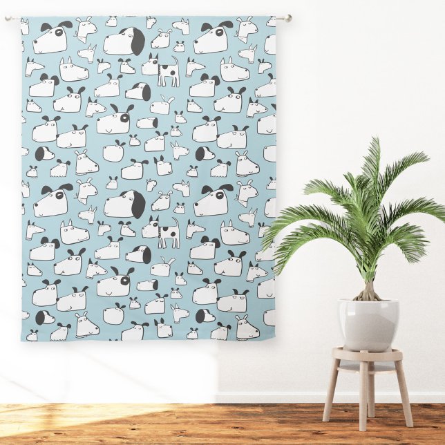 Many Dogs Doodle Drawing Teal Blue Sheer Curtains (Fun dog cartoon doodle curtains for animal lovers)