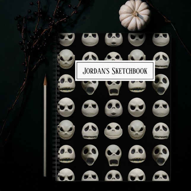 Many Faces of Jack Skellington - Pattern Sketch Notebook (Notebook on table)