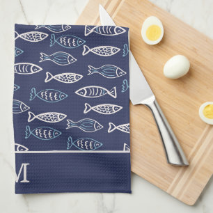 Many Fishes Pattern Blue Monogram Kitchen Towel